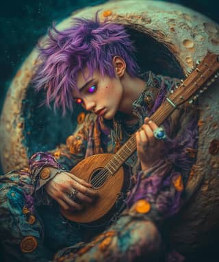 a purple haired girl with a guitar