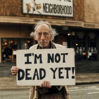 holding a sign that says i'm not dead yet