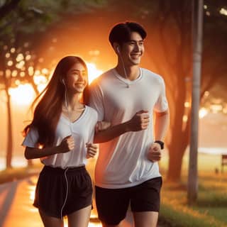 asian couple jogging in the park at sunset