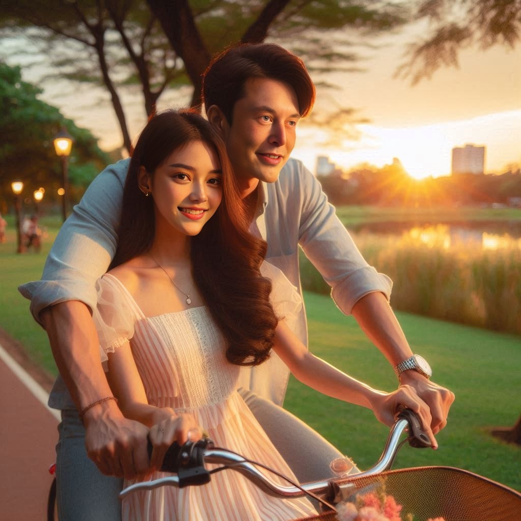 Una coppia asiatica sta pedalando in bicicletta in un parco al tramonto.