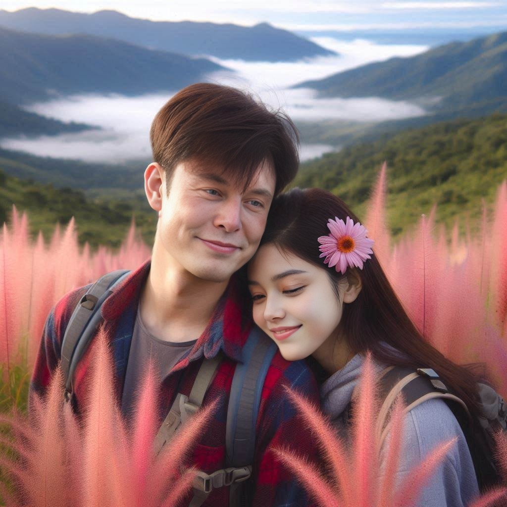 a couple in a field of pink flowers