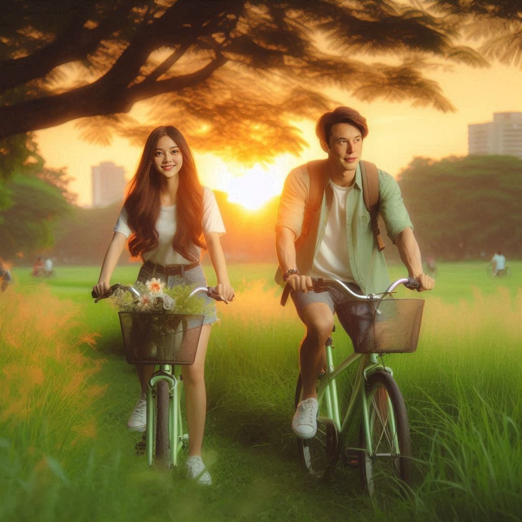 woman riding bicycles through a field