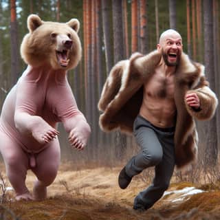 in a fur coat running next to a bear