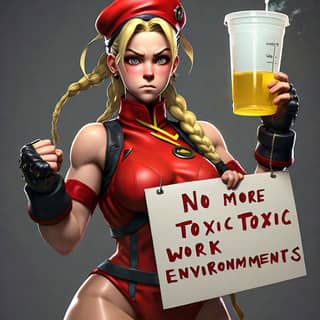 holding a sign that says no more toxic work environments