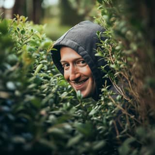 in a hoodie peeking out from behind bushes