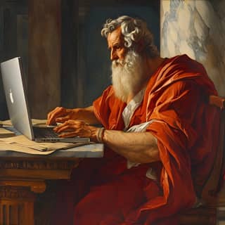 in a red robe sitting at a desk with a laptop