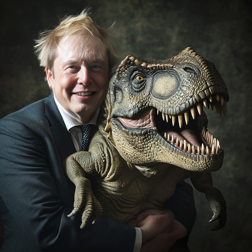 in a suit holding a dinosaur toy