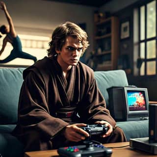 Seorang yang mengenakan jubah Jedi sedang bermain video game.