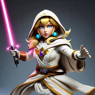 Uma personagem feminina em um moletom branco segurando um sabre de luz.