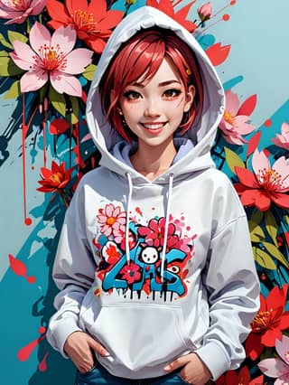 a girl wearing a hoodie with flowers on it