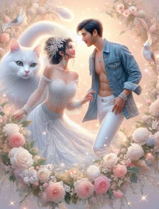 Una pareja con un gato rodeado de una corona floral.