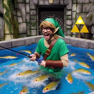 Una persona in un costume da Link sta pescando in una piscina.