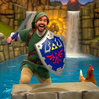 Il personaggio in un costume di Link brandisce una spada e porta un pollo.