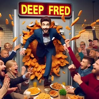 in a suit is jumping into a deep fried food sign