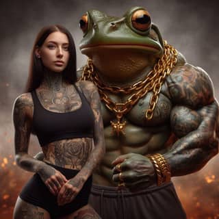 with tattoos and a muscular man with a frog