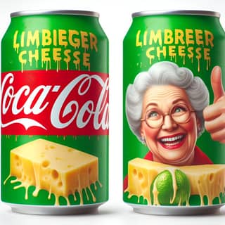 two cans of coca cola with an old lady and cheese