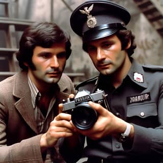 two men in uniform holding a camera