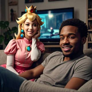 Una mujer está sentada en un sofá con un personaje de videojuego.