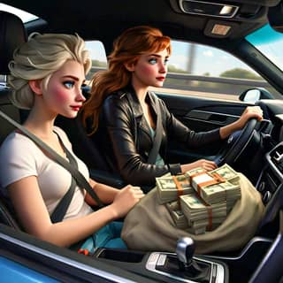 Dos mujeres están en un coche con dinero en el asiento trasero.