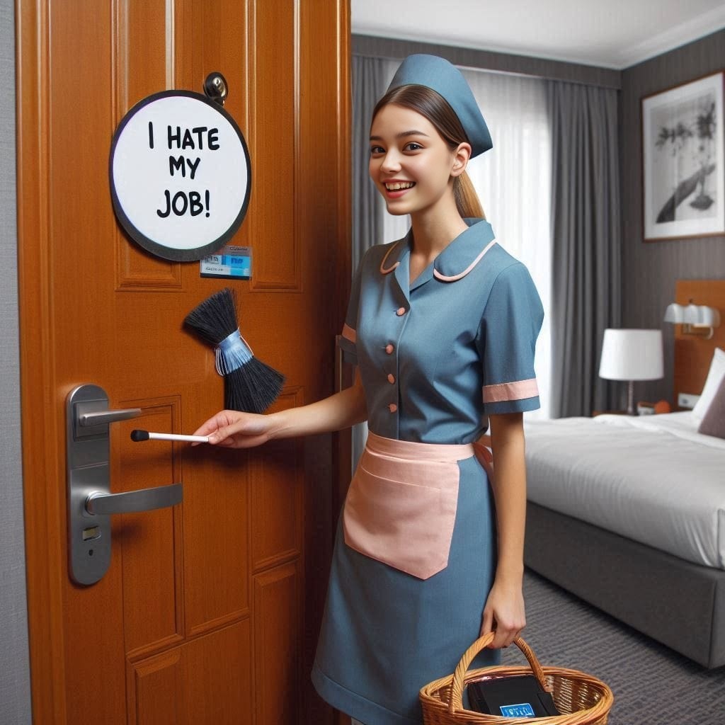 Eine Person in Uniform hält ein Schild, auf dem steht, dass sie einen Job hat.