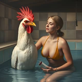 Seseorang yang mengenakan bikini sedang memegang seekor ayam jantan di dalam air.