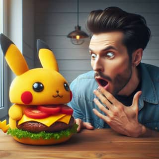 Observando una hamburguesa con temática de Pikachu.