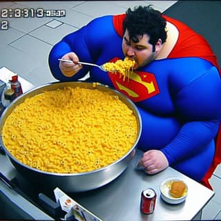 Superman disfruta de macarrones con queso.