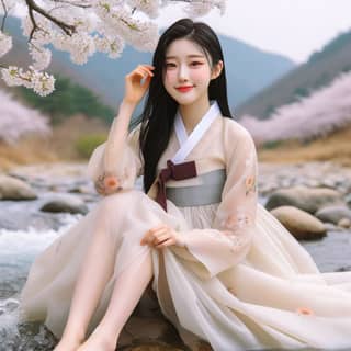 in traditional korean clothing sitting on the rocks