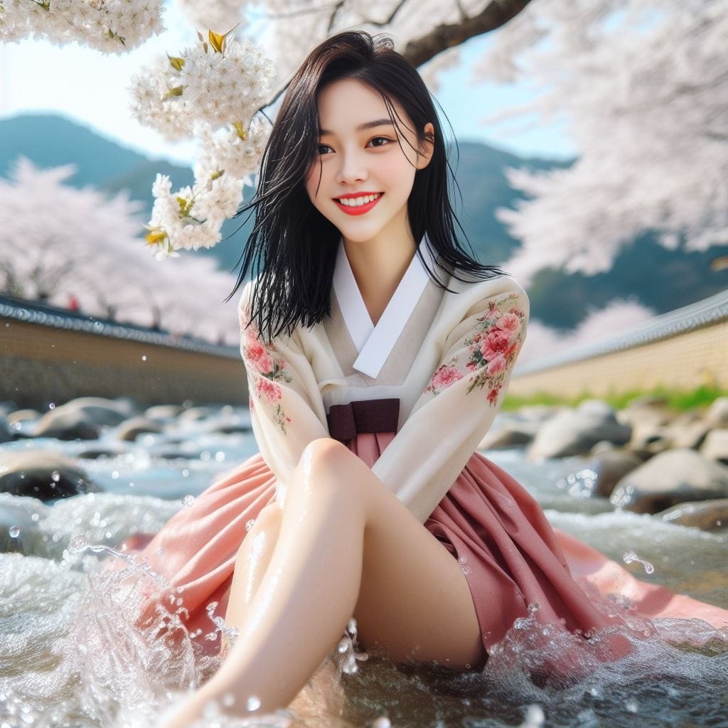 woman in a korean dress sitting in the water