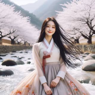 woman in a traditional korean dress standing in front of a river