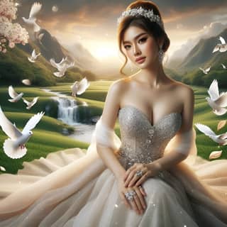 woman in a wedding dress with white doves