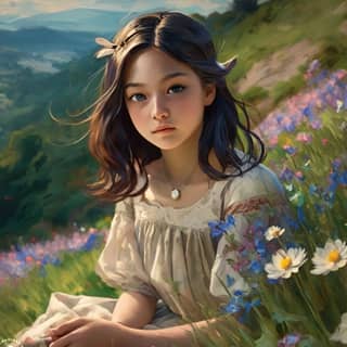 a girl sitting in a field of wildflowers