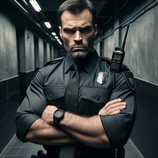 in a police uniform standing in a hallway