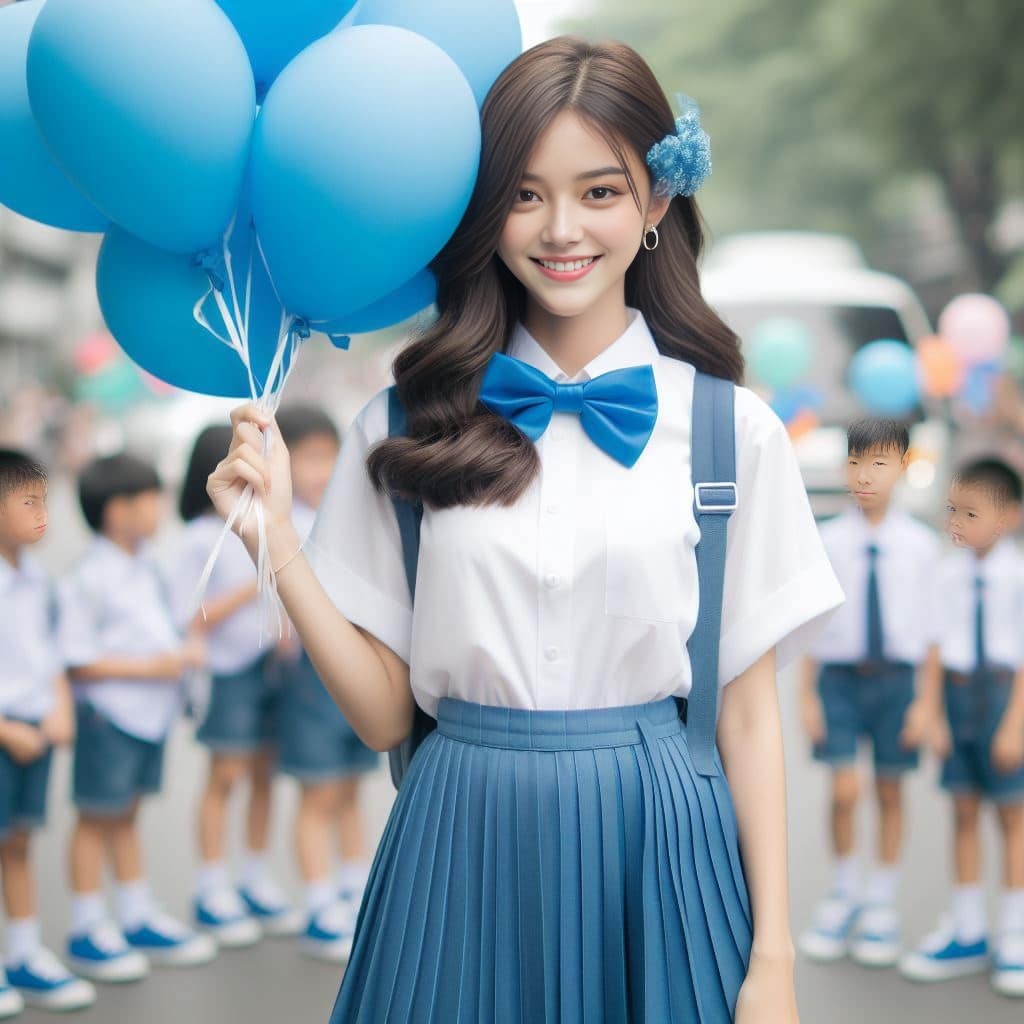 in a school uniform holding blue balloons