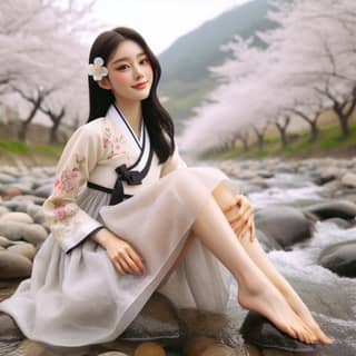 in traditional korean clothing sitting on rocks