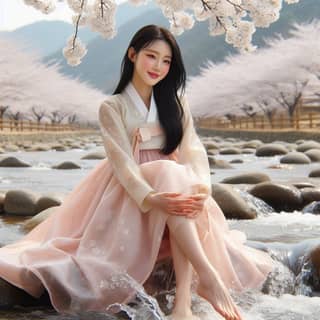 in a traditional korean dress sitting on rocks in front of a stream