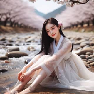 in a traditional korean dress sitting in the water