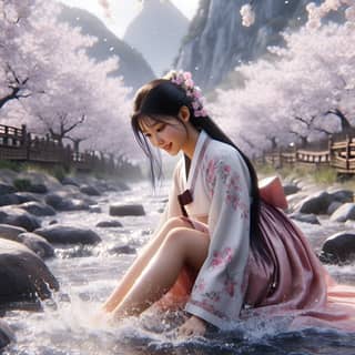 woman in a kimono is sitting in the water