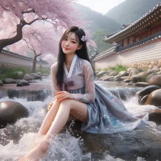 woman in korean clothing sitting on rocks in a river