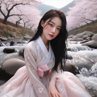 woman in a korean dress sitting by a river