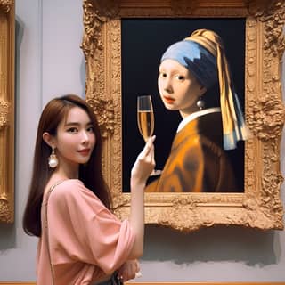 그림 앞에 샴페인을 들고 포즈를 취하고 있음