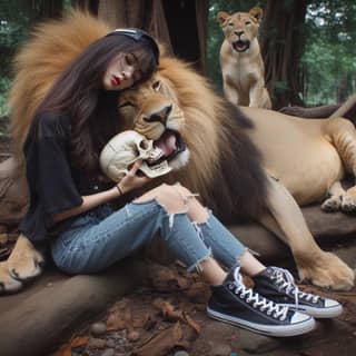 a girl with a skull and a lion