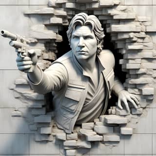 a statue of han solo is pointing through a hole in a wall