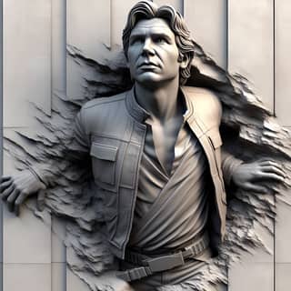 a statue of han solo is seen through a hole in the wall