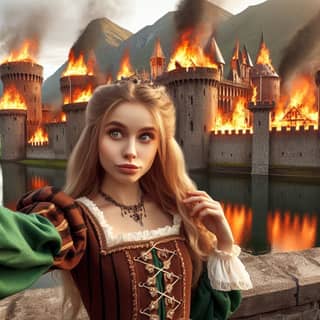 in medieval dress holding a sword in front of a castle