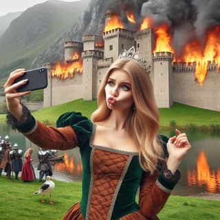 in a medieval dress taking a selfie with a burning castle