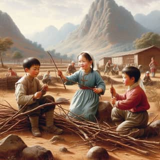 three children playing in the mountains