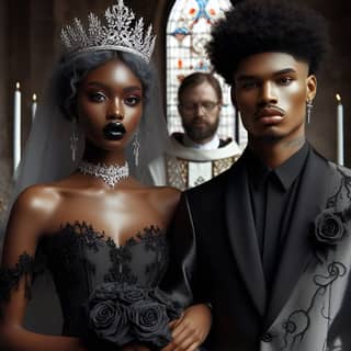 Un homme noir et une femme blanche en tenue de mariage.