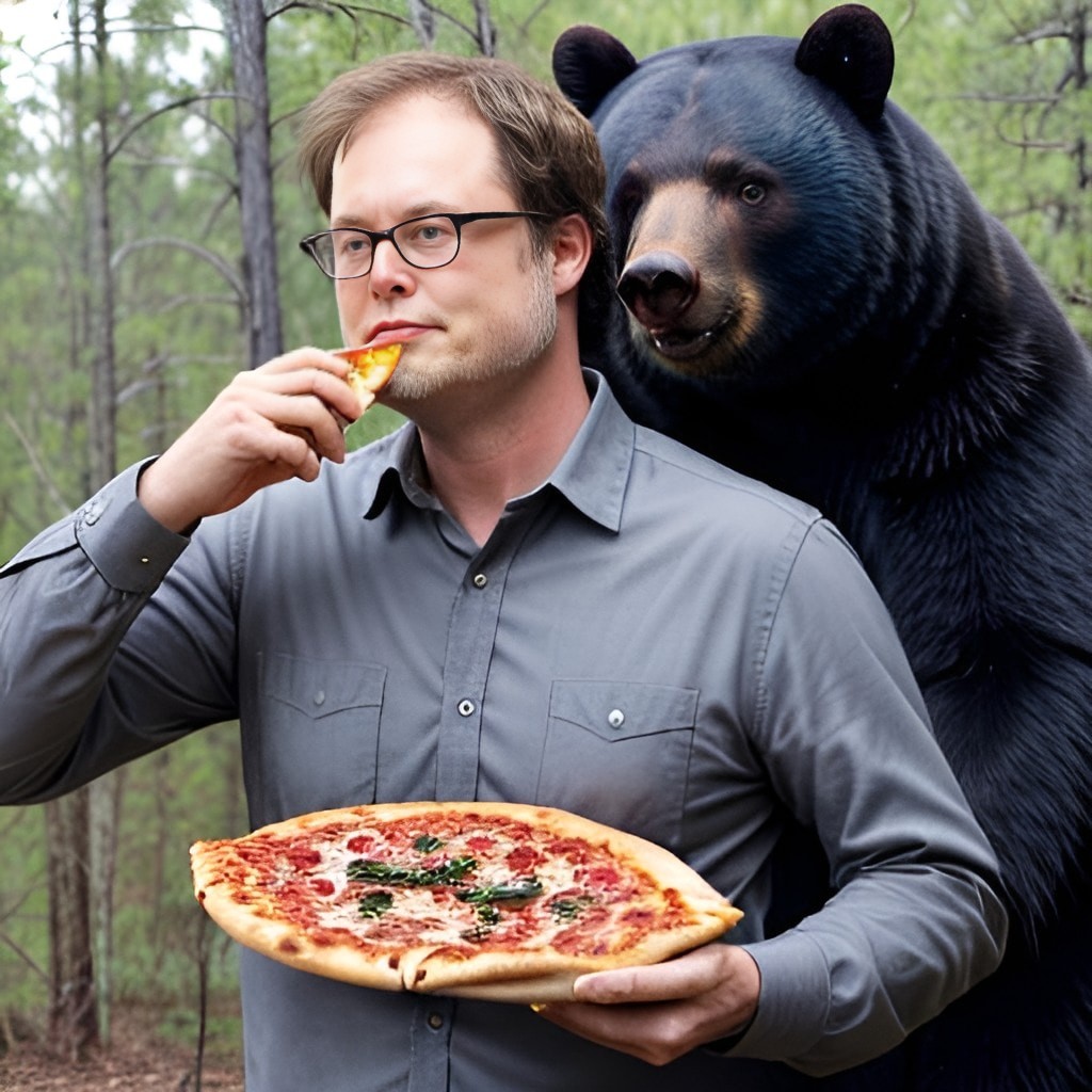 Comer pizza com um urso.