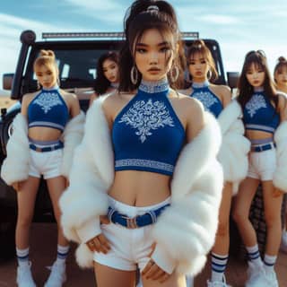 a group of asian girls in blue outfits and white fur coats